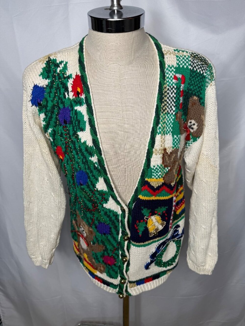 Vintage Christmas Cardigan Sweater Sz P Tree Teddy Bear Bell Buttons Holiday